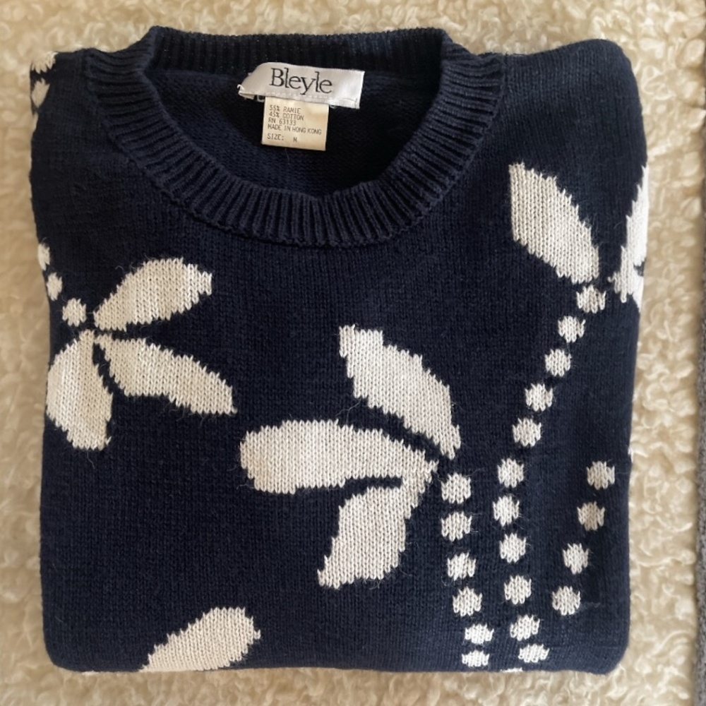 Vintage 90s Bleyle Ramie Cotton Sweater –Black Botanical Size M - Picture 8 of 9